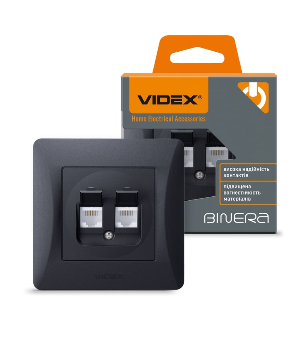 rozetka-cat3cat3-podvіyna-telefonna-chorniy-grafіt-videx-binera Розетка 2-я CAT3+CAT3 телефонная BINERA Videx, Черный графит (VF-BNSK2TF3-BG) — изображение 1