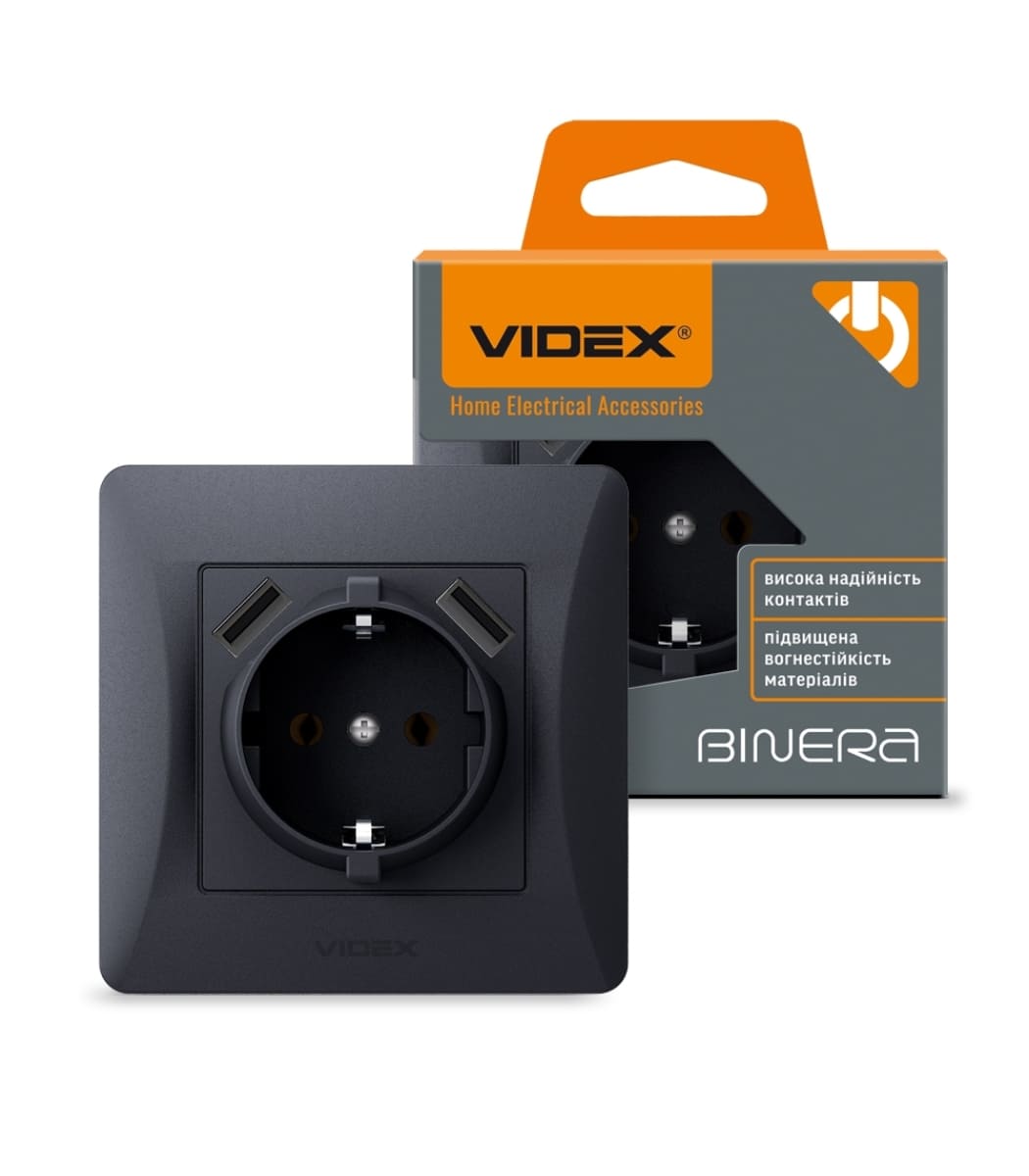rozetka-odinarna-іz-zazemlennyam-ta-2usb-chorniy-grafіt-videx-binera Розетка 1-я с заземлением и 2xUSB (2.1А) BINERA Videx, Черный графит (VF-BNSK1GU2-BG) — изображение 1