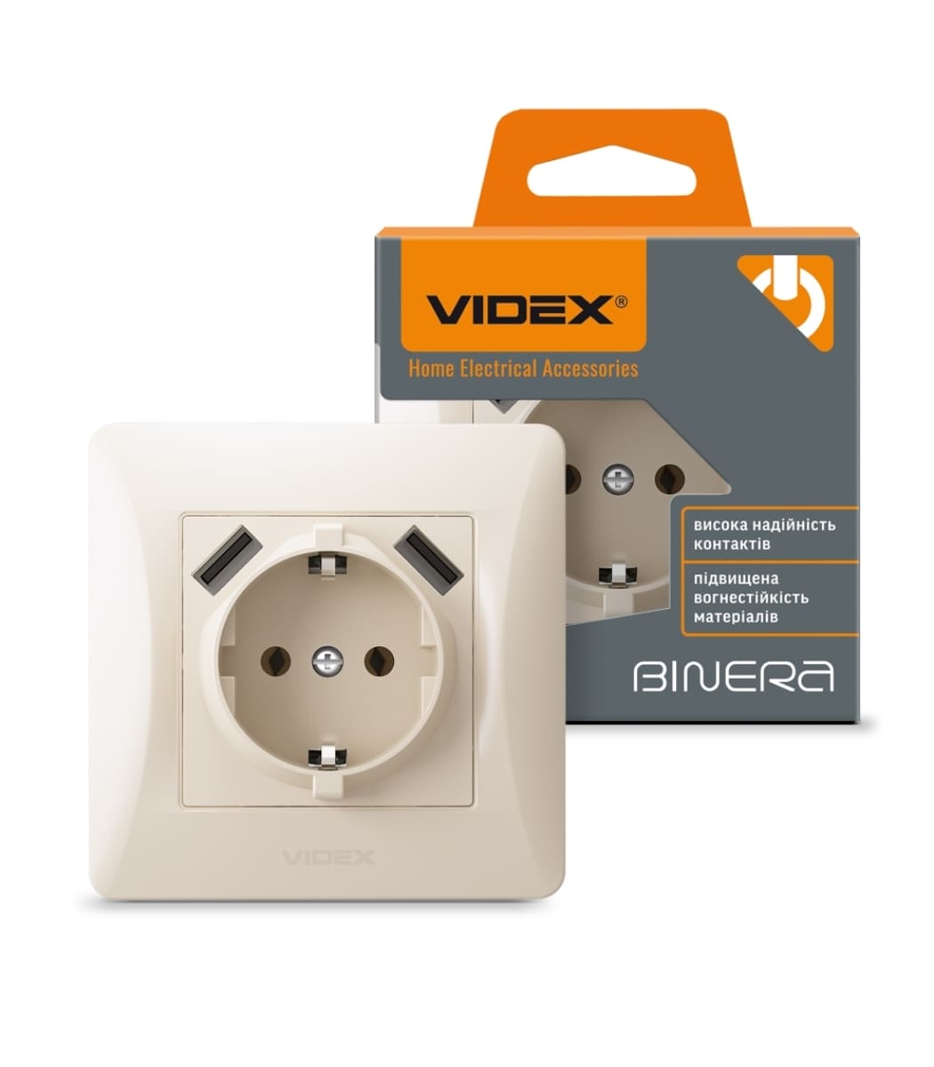rozetka-odinarna-іz-zazemlennyam-ta-2usb-kremova-videx-binera Розетка 1-я с заземлением и 2xUSB (2.1А) BINERA Videx, Кремовая (VF-BNSK1GU2-CR) — изображение 1