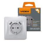 Розетка 1-я с заземлением и 2xUSB (2.1А) BINERA Videx, Серебряный шелк (VF-BNSK1GU2-SS)