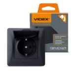 Розетка 1-я с заземлением и крышкой BINERA Videx, Черный графит (VF-BNSK1GС-BG)