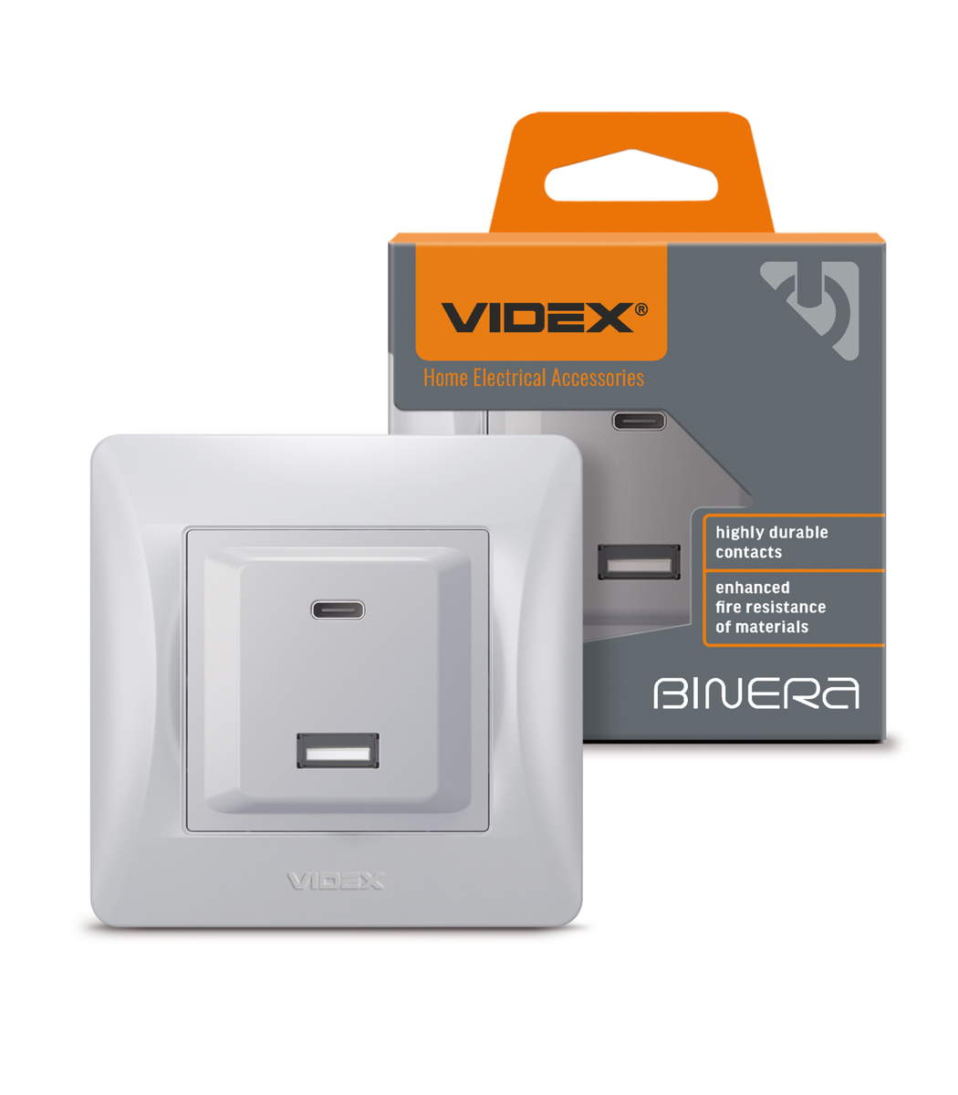 videx-vf-bnchruc20-ss-usb-a-usb-c-1 Модуль зарядки USB-A + USB-C PD 20W BINERA Videx, Серебряный шелк (VF-BNCHRUC20-SS) — изображение 1