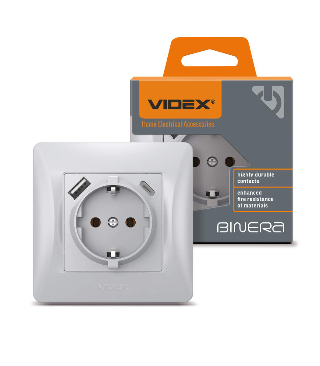 videx-vf-bnsk1-guc-ss-1 Розетка 1-я с заземлением + USB A + USB Type-C (2.4А) BINERA Videx, Серебряный шелк (VF-BNSK1GUC-SS) — изображение 1